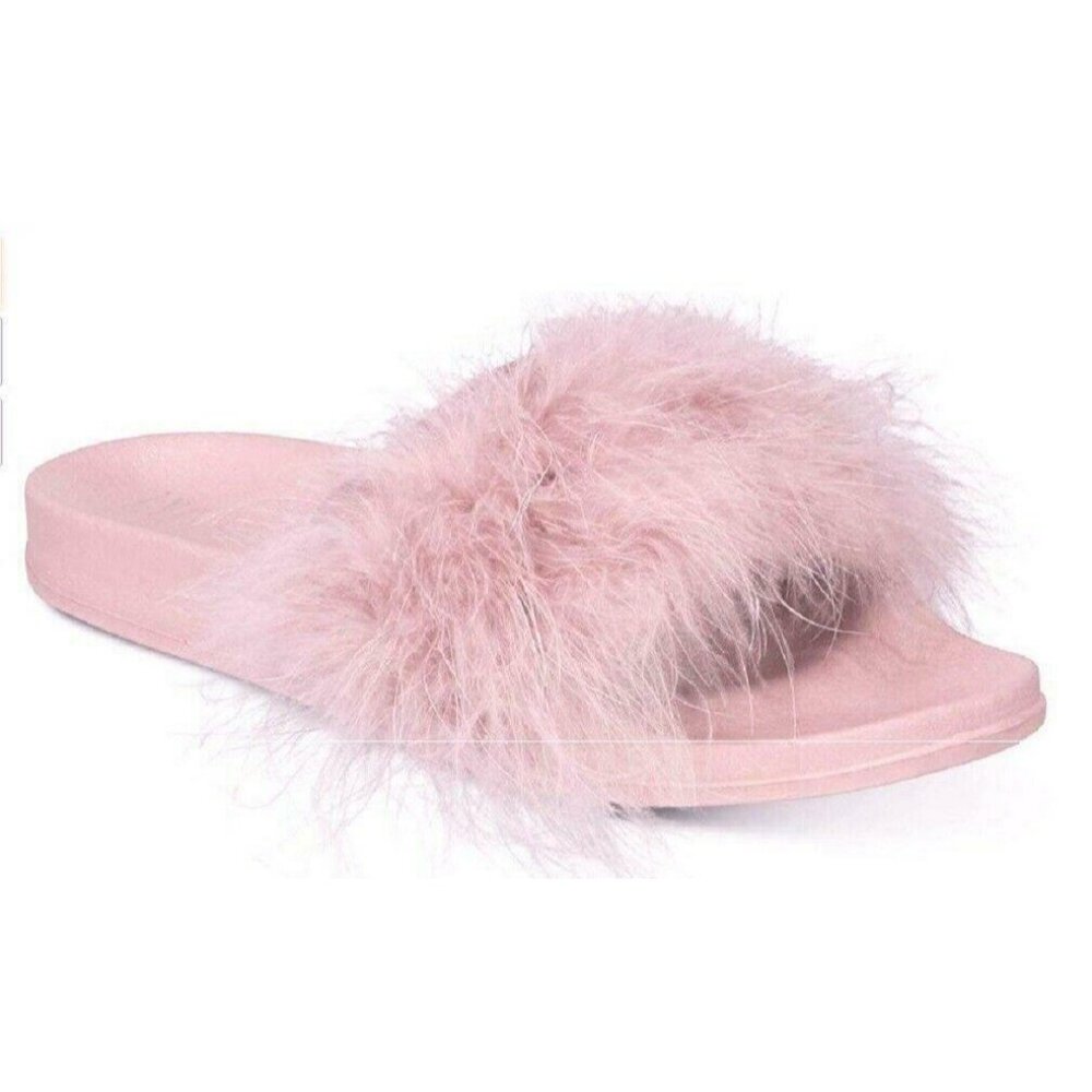 INC International Concepts Women's Faux-Marabou Slide Slippers, Pink, Sz. XL